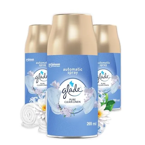 Glade Automatic Spray Nachfüller Vorteilspack, Pure Clean Linen - Spray Lufterfrischer, 3er Pack (3 x 269 ml) mit zeitgesteuerter Duft-Freigabe für langanhaltenden, frischen Duft wie frisch gewaschene Wäsche.