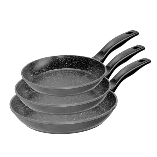 STONELINE Pfannenset 3-teilig 20/24/28 cm - Pfannen Set für alle Herdarten mit einzigartiger Antihaftbeschichtung aus echten Steinpartikeln, ideal für fettfreies Braten und leichte Reinigung.