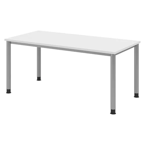 bümö höhenverstellbarer Schreibtisch H-Serie 160x80 cm in weiß, Gestell in Silber - PC Tisch für's Büro manuell höhenverstellbar, Computertisch verstellbar