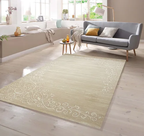 TeppichHome24 Moderner Teppich Floral Muster Beige Creme - Eleganter Teppich mit floralem Design, ideal für Wohnzimmer und Schlafzimmer. Strapazierfähig, schmutzabweisend und pflegeleicht – perfekt für jeden Raum!
