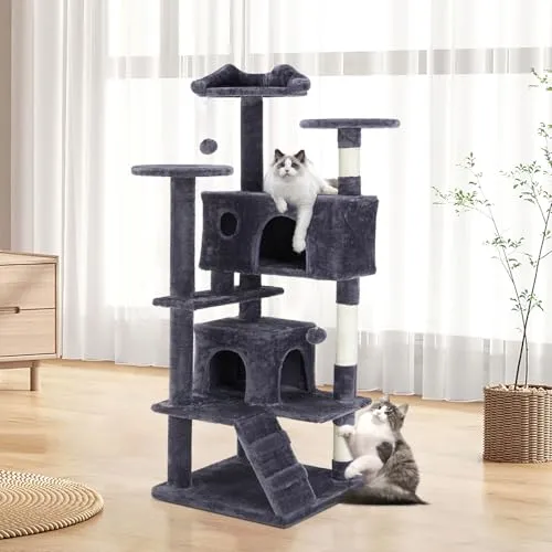DUMOS Katzen Kratzbaum 135 cm – Kletterturm für Katzen, mit Sisal umwickelt und gemütlichen Höhlen