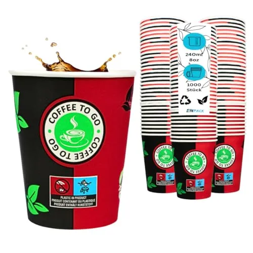 Enpack 1000 Schwarz/Rote Pappbecher 200 ml aus Kraftpapier - Kaffeebecher to go zum servieren von Tee, Kaffee, Glühwein oder anderen Getränken - Coffee To Go Becher