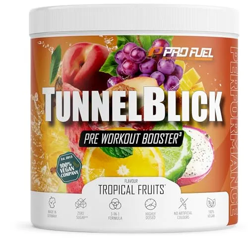 Pre-Workout-Booster³ TROPICAL FRUITS 440g - Hochdosierter Trainingsbooster - Aminosäure L-Citrullin mit innovativer 3-in-1 Formel, enthält Koffein und Guarana für ein intensives Workout, 100% vegan und in unglaublich leckerem Geschmack.