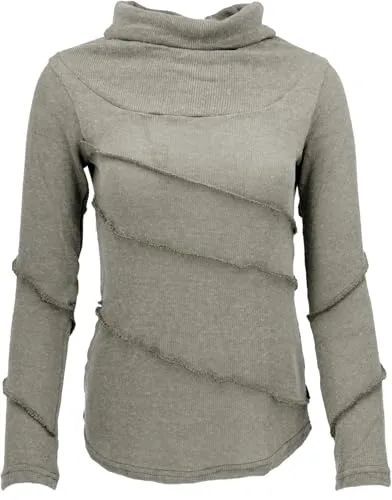 GURU SHOP Damen Psytrance Feinstrick Shirt Langarm - Khaki, Größe S - Stylisches Langarmshirt aus Feinstrick mit Rollkragen und Overlock, ideal für einen lässigen Look.