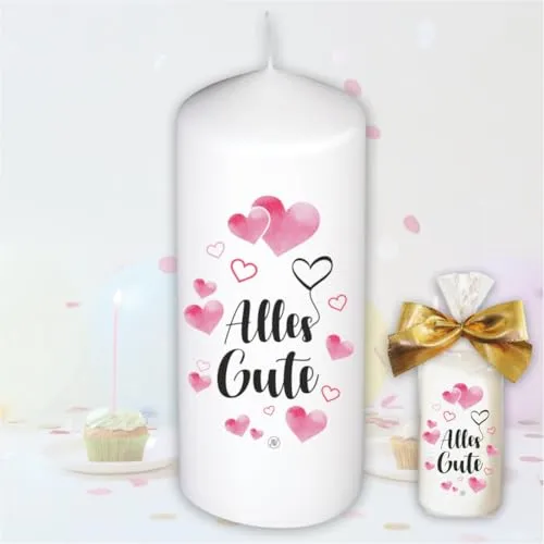 Stumpenkerze Kerze - Alles Gute HERZEN - Für Dich | bunte moderne Motive Farben auf Tattoofolie für Kerzen | mit Geschenkfolie und goldener Schleife | Geburtstagkerze in Geschenkverpackung