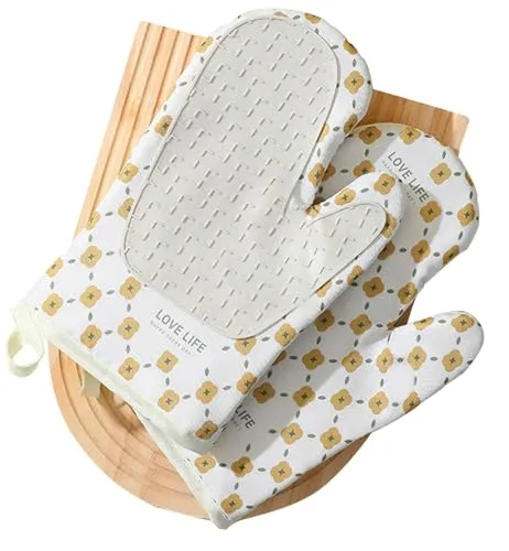 Topfhandschuhe mit Handflächen aus Silikon, Topflappen Handschuh mit Silikon,Hitzebeständige Silikon Anti-Rutsch Topfhandschuhe, Baumwolle Waschbar kochhandschuhe für Kochen Backen Grillen Mikrowelle