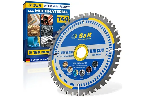 S&R Kreissägeblatt 150 mm mit Reduzierring 16 mm - Vielseitiges 40-Zahn Kreissägeblatt für Holz, Metall und Kunststoff – ideal für präzise Schnitte bei Bau- und Renovierungsarbeiten.