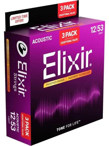 Elixir 16569 Nanoweb Acoustic Ph Bronze 12-53 - 3 Pack - Gitarrensaiten 3er-Pack mit Nanoweb-Beschichtung für warmen Klang und lange Haltbarkeit. Ideal für vielseitige Spielstile und angenehme Bespielbarkeit.