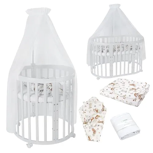 Waldin Babybett Mobiles Babybett OWAL 7in1 aus Holz mit Matratze - Gitterbett, 7-in-1 Kombination für langlebige Nutzung, aus FSC-zertifiziertem Holz und umweltfreundlichem Lack, mit verstellbarer Bodenhöhe und inklusive Matratze.