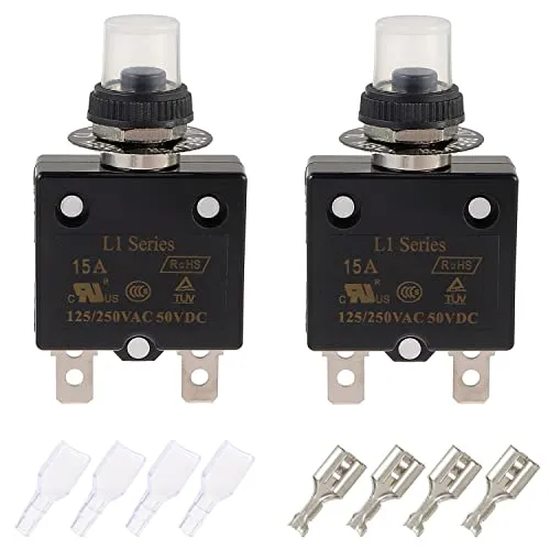 EPLZON 15 A Manueller Reset Druckschalter Leistungsschalter 125/250 V AC 50 V DC Thermischer Überlastungsschutz mit Schnellanschlussklemmen und wasserdichten Tastenkappen (Packung mit 2 Stück)