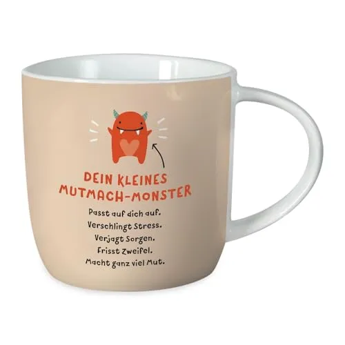 Grafik-Werkstatt Kaffeetasse mit Spruch 300 ml Porzellan Tasse Mutmach-Monster, Weiß