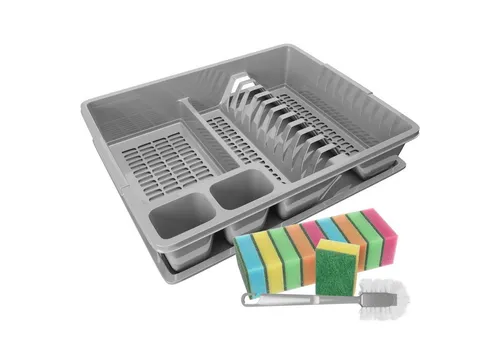Wellgro Geschirrständer Abtropfgestel mit Reinigungsbürste und 10 Schwämmen - Abtropfgestelle mit praktischer Abtropfschale, inklusive Reinigungsbürste und 10 Schwämmen. Ideal für Geschirr, Tassen und Besteck – alles aus einer Hand!