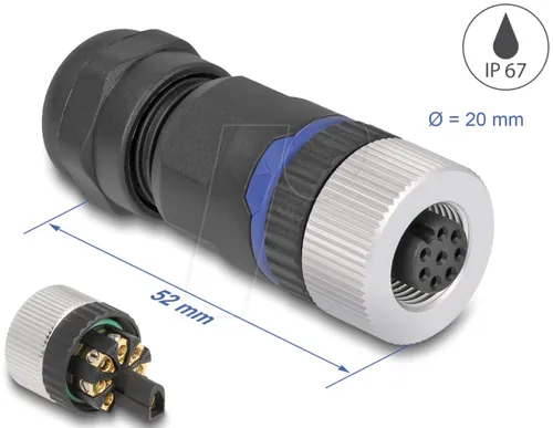 DELOCK 60538 - M12 Steckverbinder A-kodiert 8 Pin Buchse, mit Schraubanschluss