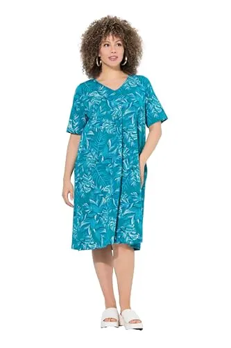 Ulla Popken Damen große Größen Übergrößen Plus Size Jerseykleid, Blätter, A-Linie, V-Ausschnitt, Halabrm Petrol 42+ 838482769-42+