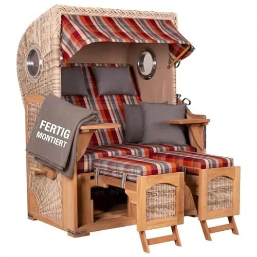 MR.DEKO Strandkorb Düne - Premium 2-Sitzer mit Bullaugen - Genießen Sie entspannte Stunden im MR.DEKO Strandkorb Düne. Mit schwenkbaren Tischen, bequemer Polsterung und ausziehbaren Fußstützen ist er perfekt für Garten, Terrasse oder Balkon.