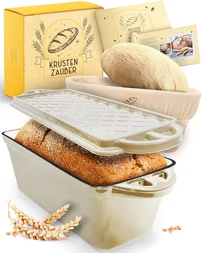 Krustenzauber Brotbackform Gusseisen mit Gärkorb - Brotbackform aus Gusseisen für perfekt gebackenes Brot – inklusive Gärkorb für ideale Form und charakteristisches Muster. Genieße frisch gebackenes Brot zu Hause!