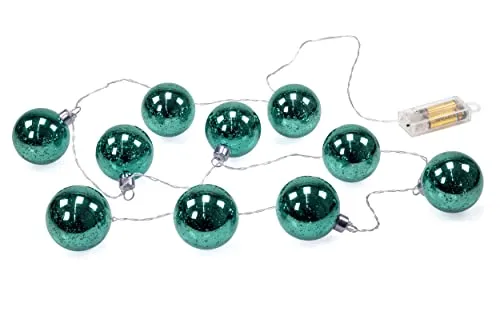 LED Lichterkette mit 10 beleuchteten Weihnachtskugeln aus Glas mit Muster, Gesamtlänge ca. 180 cm, batteriebetriebene Girlande mit Timer (türkis)