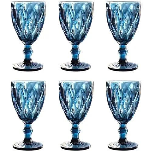 Vintage 6er-Set Farbige Weingläser und Trinkgläser mit Diamant Muster (Rombus) Longdrinkgläser, Cocktail Gläser mit Prägung, Glas, Trinkglas, Weinglas, Wasserglas, Glaskelche (Blau Weinglas)