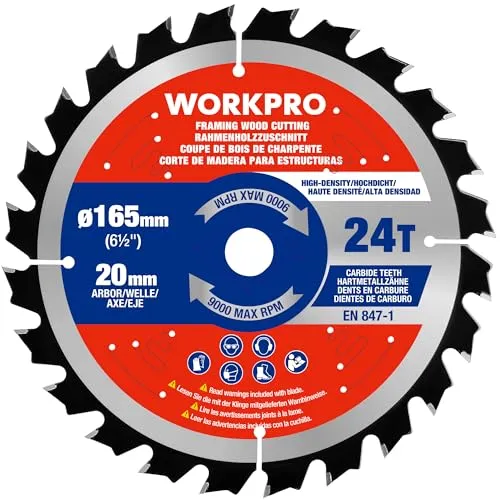 WORKPRO 165 x 20 mm Kreissägeblatt, 24 ATB-Zähne Sägeblatt mit 1,8 mm Schnittbreite und 9000 Max. U/Min, Handkreissägeblatt Ideal für Holz, Kompatibel mit Mehreren Marken