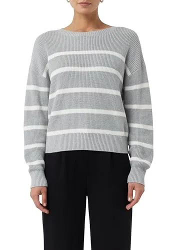 COMMA CASUAL IDENTITY Damen Strickpullover, Gr. M (38) - Stylischer graumelange gestreifter Pullover aus 100% Baumwolle, ideal für lässige Outfits. Loose Fit und Rundhals sorgen für hohen Tragekomfort.