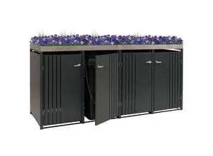 4er-Mülltonnenverkleidung MCW-O67 mit Pflanzkasten – Stabil und modern - Hochwertige Mülltonnenverkleidung für 4 Tonnen (80-240L) mit integriertem Pflanzkasten. Robuste Stahlkonstruktion (0,8 mm) und praktische Kippvorrichtung für einfachen Zugang. Ideal für einen gepflegten Außenbereich.