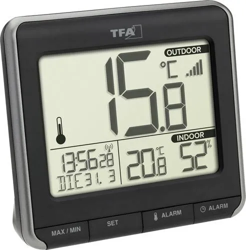 TFA Thermo-Hygrometer 30.3069.01 Prio - Digitales Hygrometer mit präziser Temperaturmessung von -40 bis 60°C und 1 Außensensor. Ideal zur Schimmelprävention dank Alarmfunktion und Übersichtlichem LC-Display.