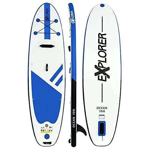 Explorer SUP Board 320 aufblasbar Ocean Komplettset - Aufblasbares SUP Board für Stand-Up Paddling, ausgestattet mit neuester DTEX-1000D-Dropstitch-Technologie für höchste Stabilität und Steifigkeit. Komplettset mit Paddel, Pumpe und Tragetasche für sofortigen Spaß am Wasser!