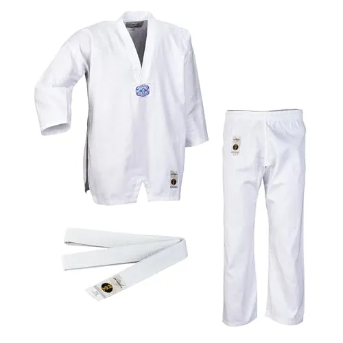 Ju-Sports Taekwondo Anzug to start Weiß 90 I Dobok Taekwondo für Kinder & Einsteiger I Taekwondo Kimono inkl. weißem Gürtel I Hose mit Kickzwickel I 100% Baumwolle