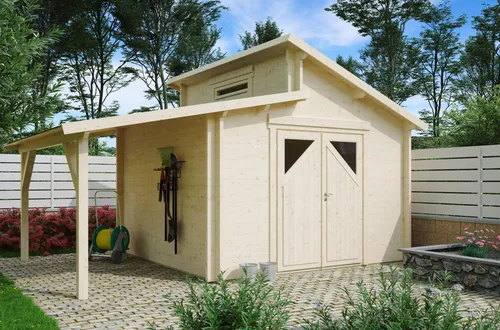 Fjordholz Gartenhaus Modell Varianta 44 D + SD - Massives Gartenhaus mit 44mm Wandbohlen aus nordischer Fichte, extra hohe Doppeltür für mehr Raumhöhe und individuelle Türoptik. Ideal für Gartenliebhaber, die Qualität und Flexibilität schätzen.