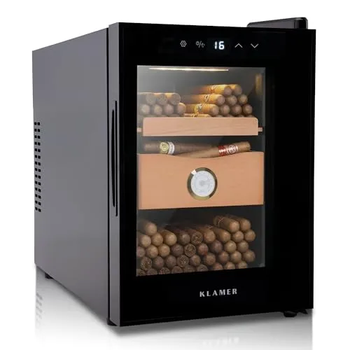 KLAMER Zigarren Humidor 17 L, Kühlschrank & Heizung 16–22°C, Thermoelektrisch, Hygrometer, Lüfter, Zederholz Ablagen, Glastür, Innenbeleuchtung, Humidor Zigarren