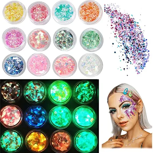 Stück Fluoreszierendes Glitzer, Gesicht Körper Glitzer, Glitzerpulver Pailletten Set, Fasching Makeup Glitzer, Sequin Glitzerpuder für Nägel, Make-up, Körper, Haare, DIY, Resin, Party 12