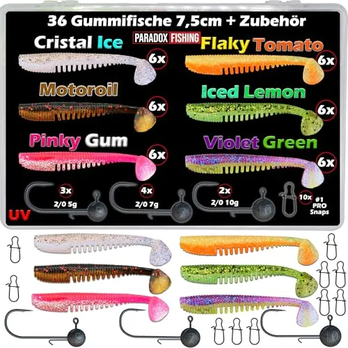 Paradox Fishing Perch Punk Starter Box für Barsch und Zander - Alles für den perfekten Angelstart: 36 Gummifische in 6 Farben, 9 Jigköpfe und 10 Snaps. Mit Squid-Aroma für mehr Biss und einer praktischen Transportbox. Ideal für alle Situationen am Wasser.
