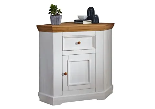 möbelando Eckkommode WZ-0133 - Kiefer massiv in Weiß - Kommode & Sideboard mit einer Schublade und einer Tür, bietet ausreichend Stauraum und besticht durch gemütliche Landhausoptik und eichefarbige Akzente.