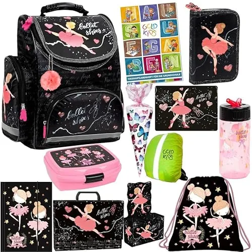 Schulranzen XXL Set 12er Ballerina Tänzerin Schulranzen ergonomischer Ranzen Zuckertüte Malunterlage Federmappe Turnbeutel Brotdose Trinkflasche Gummizugmappe Aufgabenheft für die Grundschule