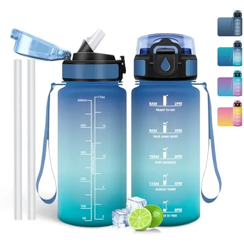 Mulbijeo Trinkflasche 500 ml, Auslaufsicher, Wasserflasche BPA-Frei, Motivierende mit Zeitmarkierung, Trinkflasche mit Strohhalm Blau & Hellgrün