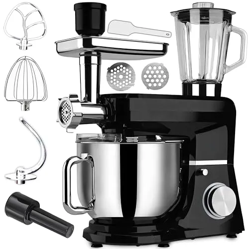 Küchenmaschine 3200 W mit 6L Edelstahl-Rührschüssel inkl. Rührhaken, Knethaken, Schneebesen und Spritzschutz, 6 Geschwindigkeiten 12-tlg Schwarz Retoo
