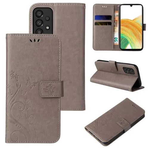 Handy Tasche für Samsung Galaxy A33 5G Handyhülle Blumen Buch Klapp Cover Grau