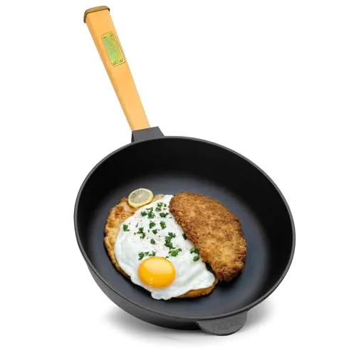 Gusseisenpfanne Ø28cm mit abschraubbarem Holzgriff - Pfanne aus Gusseisen, ideal für Braten, Schmoren und Kochen. Hält die Temperatur optimal und ist für alle Herdarten geeignet, inklusive Induktion. Fast unzerstörbar und kratzfest mit natürlicher Patina.