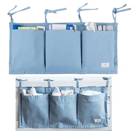 Nachttisch-Aufbewahrungskorb,Bett-Aufbewahrungsbox,Kinderbett-Aufbewahrungstasche,Betttasche,hängende Aufbewahrungstasche für Spielzeug,Bücher,Flaschen,Windelpads,Fernbedienungen,68x33cm (Blau)