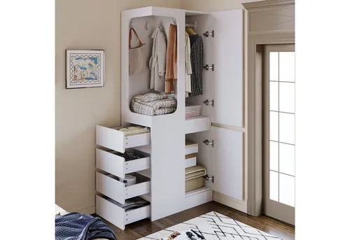 Odikalo Eckkleiderschrank mit Schubladen – Platzsparend und Praktisch (70 x 40 x 170 cm) - Kompakter Eckkleiderschrank in Holzfarbe/Weiß mit Schubladen und offenem Bereich für Kleidung. Ideal für kleine Räume und einfache Montage. Schafft Ordnung und Stauraum!