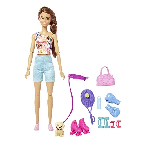 MATTEL Barbie-Puppe Relaks Fitness HKT91 - Anzieh- & Modepuppen: Brünette Barbie®-Puppe mit 11 Gelenken für realistische Bewegungen und umfangreichem Fitness-Zubehör für kreative Rollenspiele und sportliche Abenteuer!