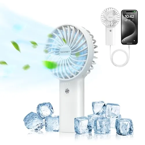 TECKNET Tragbarer Handventilator mit 5200mAh Akku - USB-Ventilator mit 3 Geschwindigkeiten, bis zu 30 Stunden Laufzeit und integriertem Powerbank für mobiles Aufladen – ideal für Reisen und den Sommer.