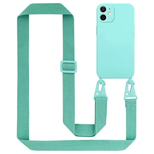 Cadorabo Handykette kompatibel mit Apple iPhone 12 MINI Schutzhülle TPU Liquid Silikon Case Necklace mit verstellbarem Band Kordel Band mit Etui Rundumschutz Case Hülle für iPhone 12 MINI in Türkis