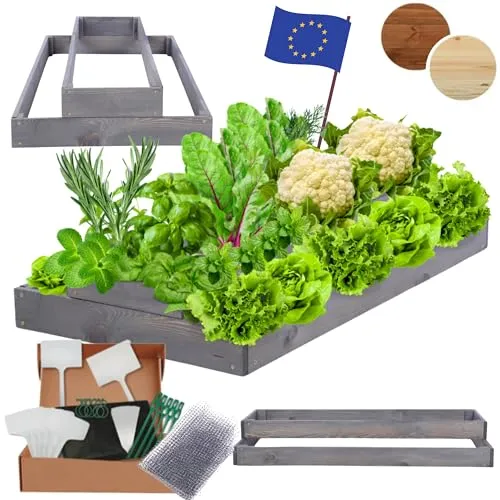 MODO24 Hochbeet Holz, Kräuterbeet, Gartenbeet, Pflanzbeet, Blumenbeet, Stufenbeet, für Garten und Terrasse, Kiefernholz, Massivholz, höhenverstellbar, Abmessungen 18x60x120 cm, Farbe: Grau