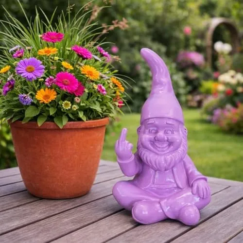 Humorvoller Gartenzwerg mit Mittelfinger in pink von Online Fuchs