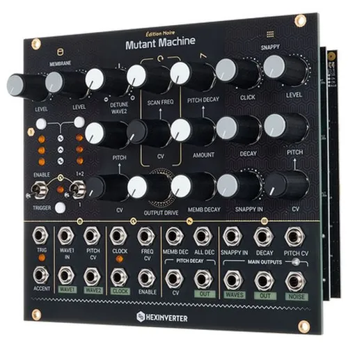 Hexinverter Électronique Mutant Machine - Eurorack Modul für analoge Schlagzeugsynthese; vielseitige Klangerzeugung von Bassdrums bis 909-Snares mit 13 CV- und Audioeingängen für kreatives Sounddesign.