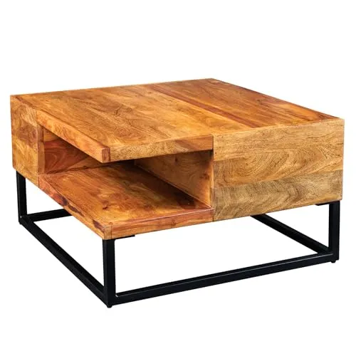 Riess Ambiente Massivholz Couchtisch Giant 60cm - Beistelltisch fürs Wohnzimmer – massiver Sheeshamholz-Couchtisch mit schwarzem Metall, bietet zusätzliches Fach für Stauraum und besticht durch einzigartiges Design.