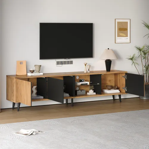 MODFU  TV-Schrank Fernsehschrank Wohnzimmerschrank Spleiße lowboard mit 3 Schränken,assend für 75-Zoll-Fernseher,Holzfarbe + schwarz