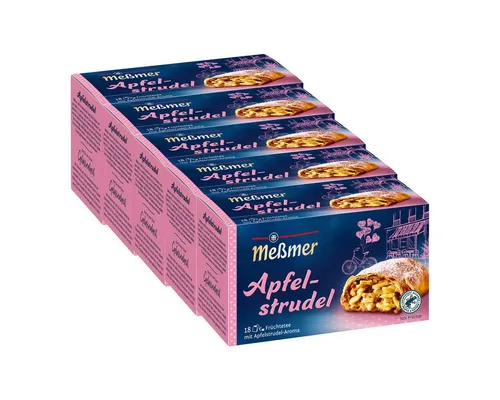 Meßmer Apfelstrudel Früchtetee 18 Teebeutel 40g 5er Pack - Genießen Sie den verführerischen Geschmack von Apfelstrudel in jedem Schluck. Meßmer Apfelstrudel Früchtetee bietet köstliche Momente, ganz ohne Backen. Ideal für Teeliebhaber und Kuchenfans!
