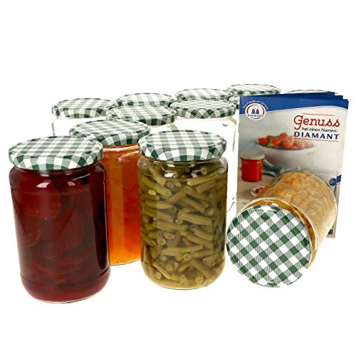 MamboCat 12er Set Einmachglas 720 ml I Rundgläser Einkochgläser mit Schraubdeckel I Twist Off to 82 I Aufbewahrungsgläser mit Deckel Grün Weiß Kariert I inkl. Rezeptheft